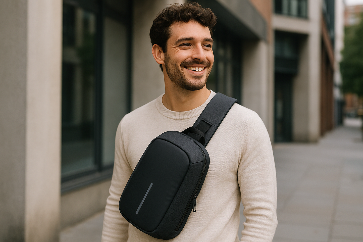 cliente feliz con su BOLSO MOCHILA ANTIROBO con un solo abrazadera
